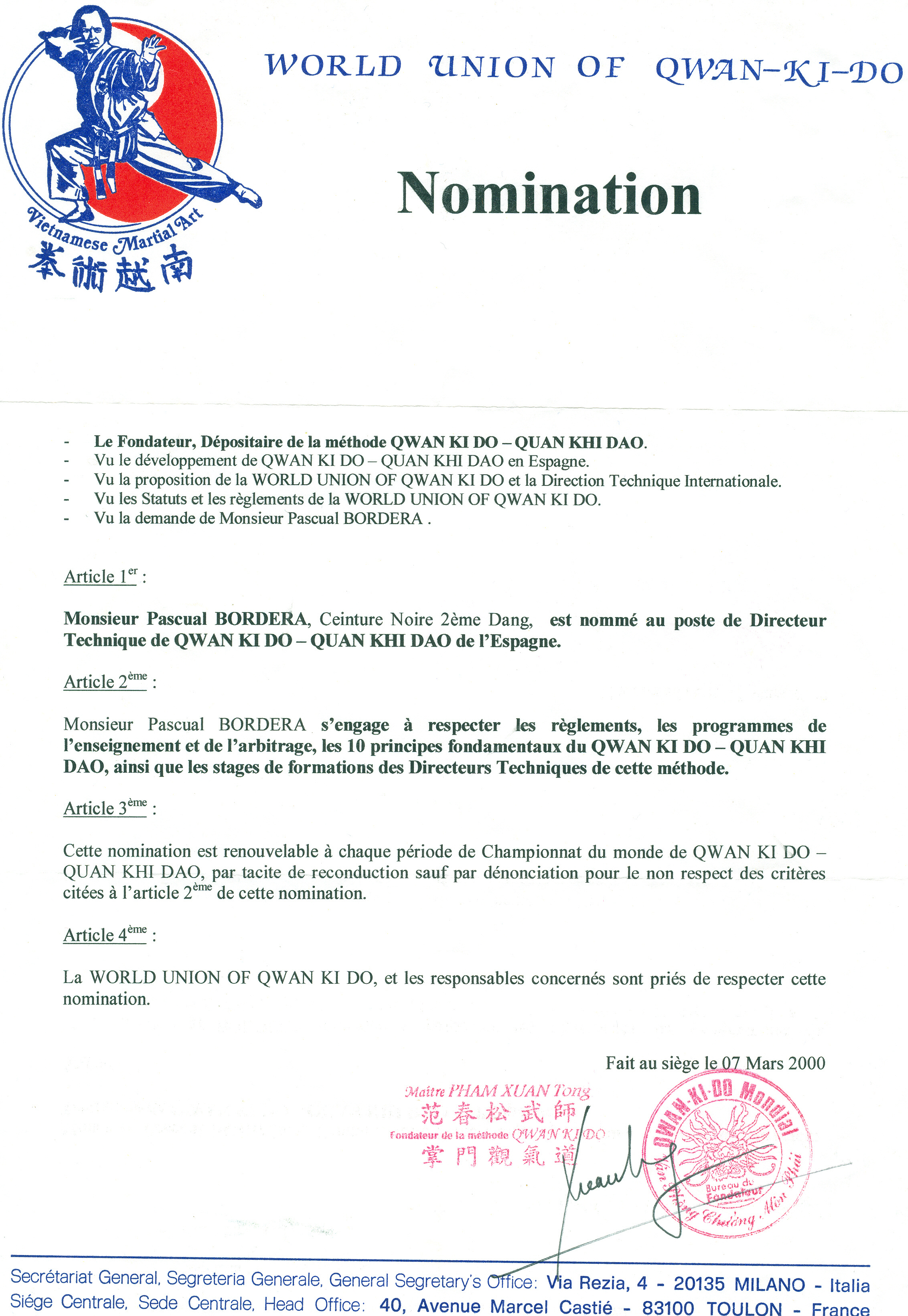 Qwan Ki Do — nombramiento